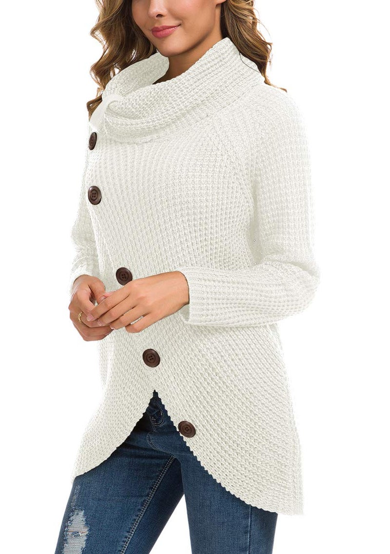 GRECERELLE Women's Fall Chunky Turtleneck Long Sleeve Asymmetric Hem Loose Knit Pullover Sweaters Tops, White, M - Image 3